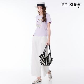 【en-suey 銀穗】變化領羅紋花卉印圖短袖上衣-女(涼感 透氣 圖T 棉T T恤 微彈性)