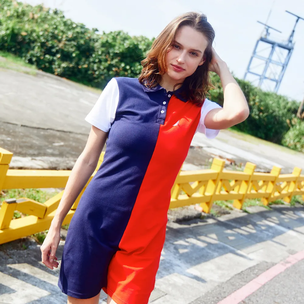 【NAUTICA】女裝 撞色拼接短袖連身裙(紅藍)