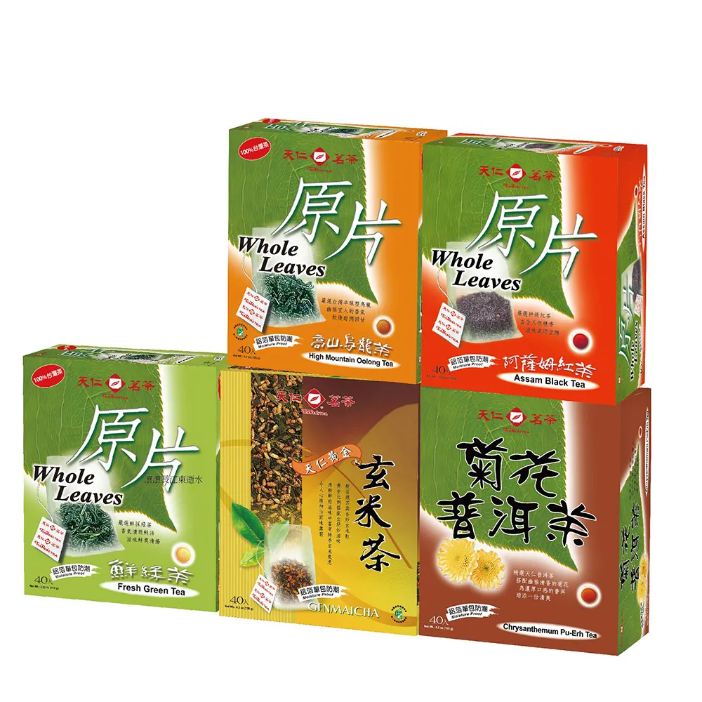 【天仁茗茶】袋茶茶包40入x3盒(高山烏龍茶原片/鮮綠茶原片/阿薩姆紅茶原片/黃金玄米茶/菊花普洱茶)