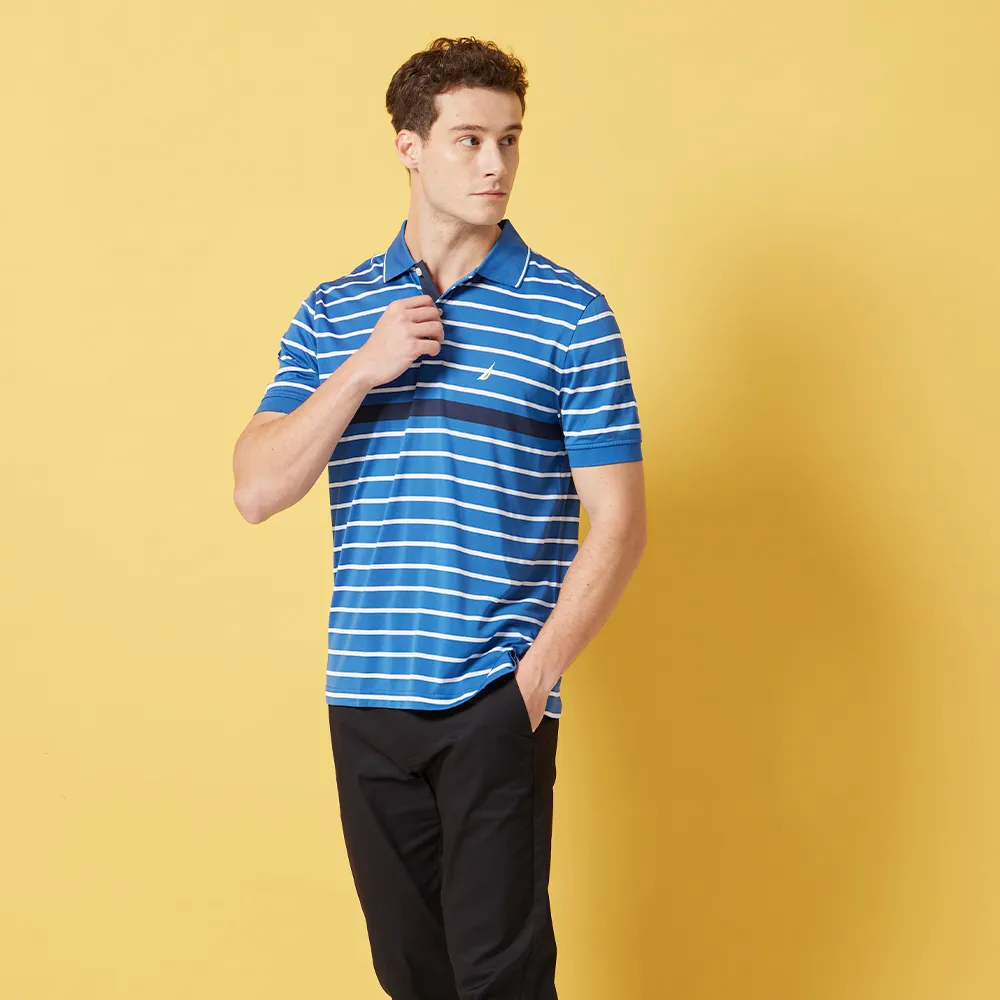 【NAUTICA】男裝 吸濕排汗細條紋短袖POLO衫(藍白色)