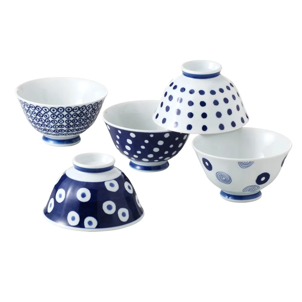 【西海】日本輕量瓷波佐見燒五入飯碗組-藍丸紋(11.5x6.5cm/325ml)