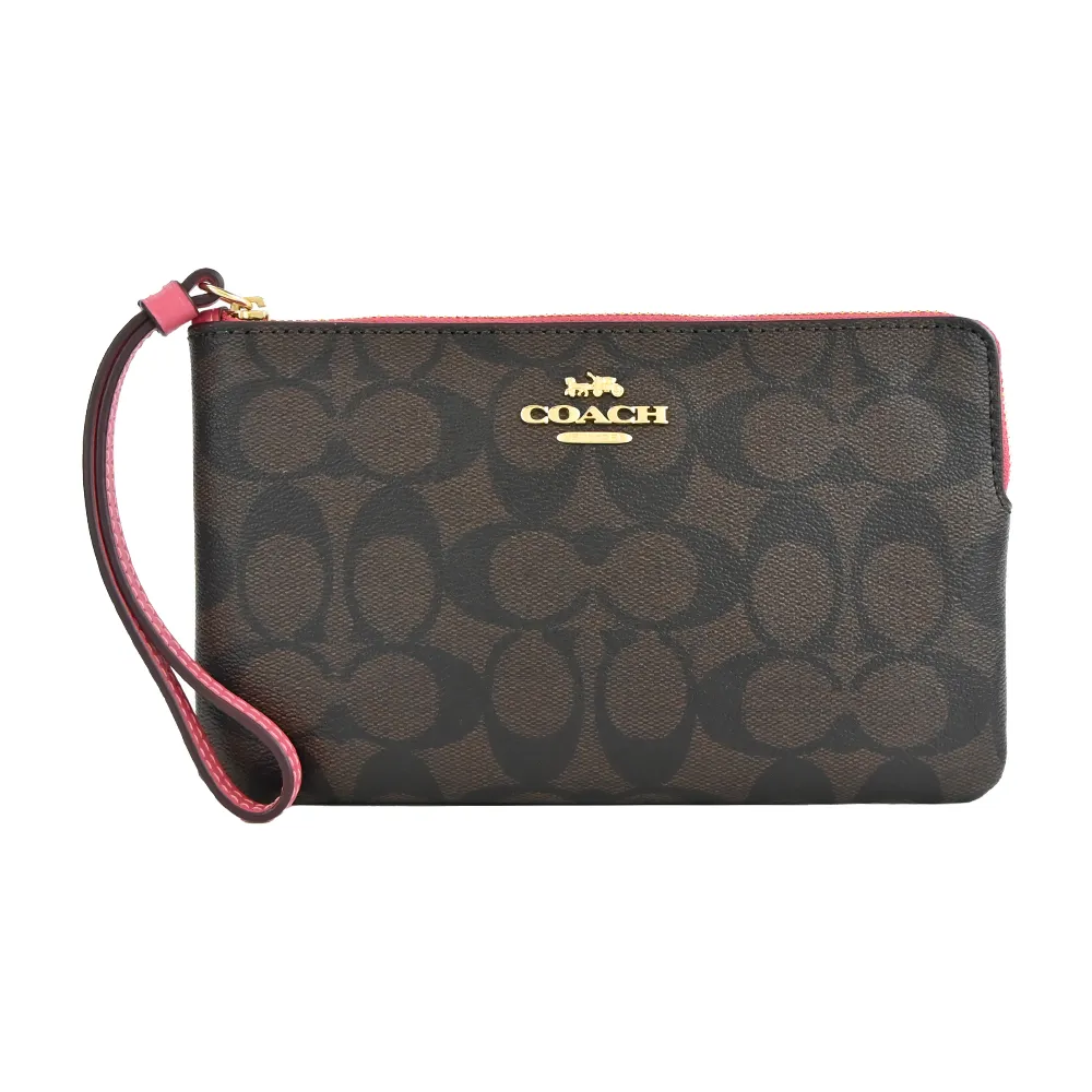 【COACH】立體馬車LOGO PVC拉鍊手拿包(中/咖啡X粉/展示品)