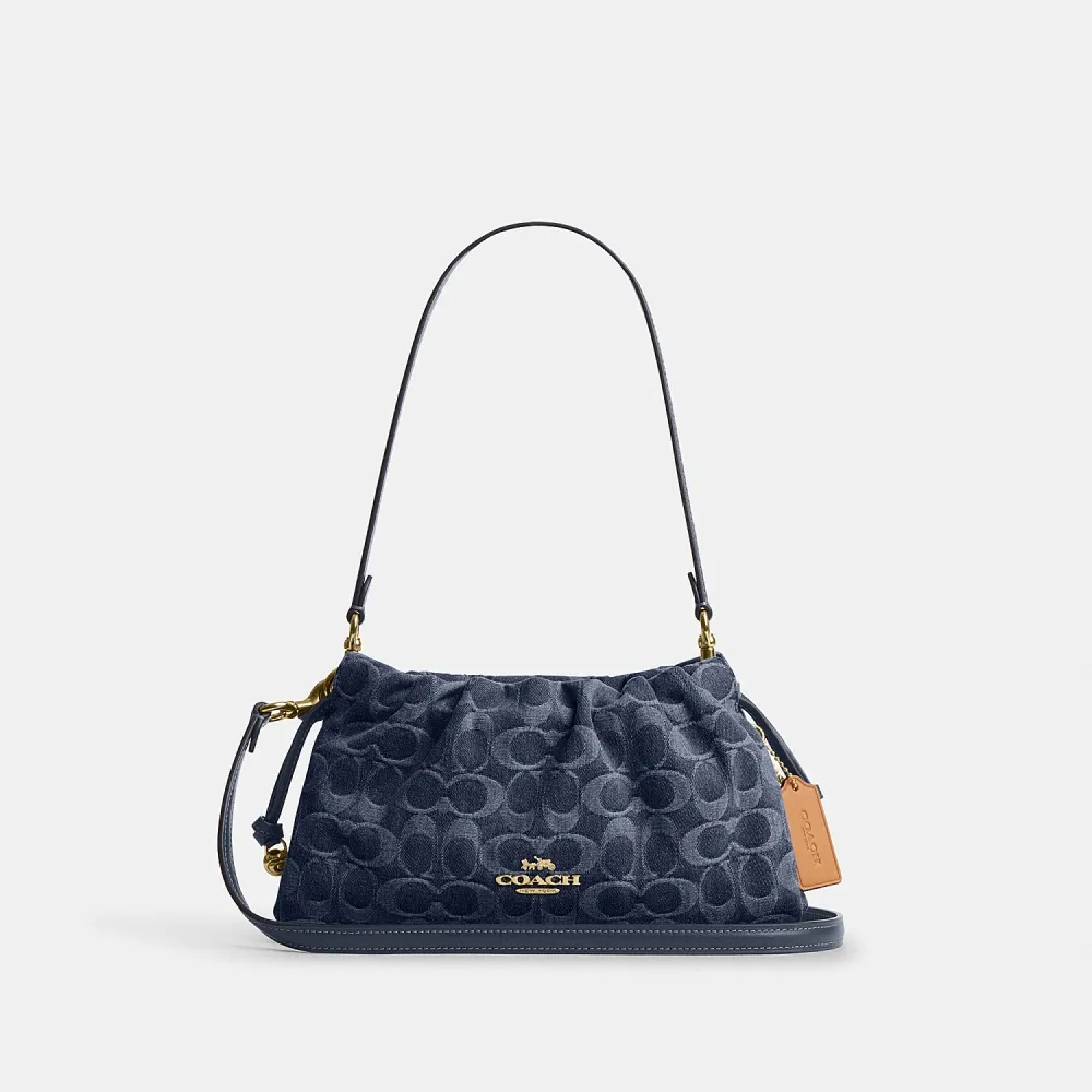 【COACH】蔻馳官方直營 FAYE 經典SIGNATURE丹寧布單肩手袋 單肩包 拉繩包 斜背包-IM/藍色(CDE45)