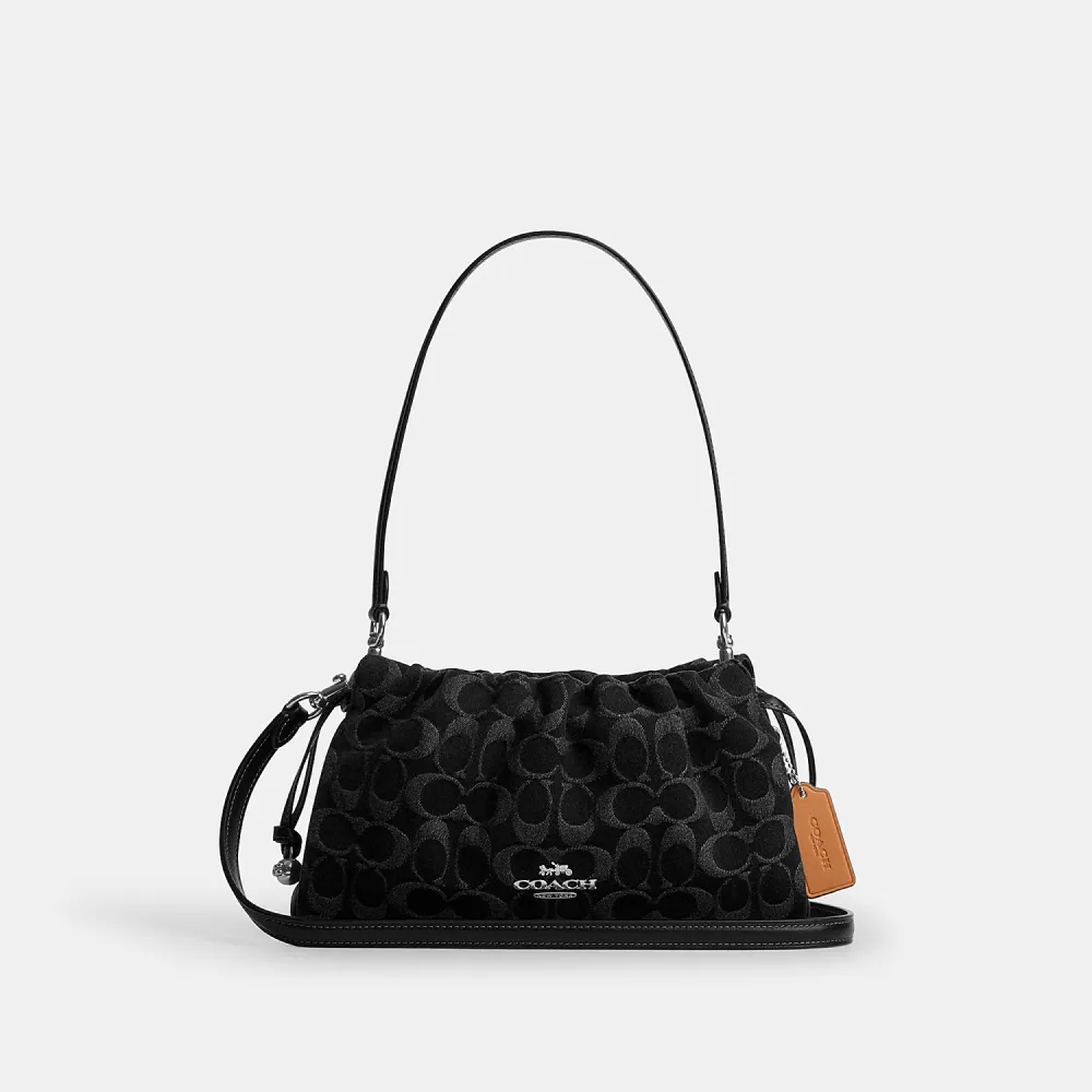 【COACH】蔻馳官方直營 FAYE 經典SIGNATURE丹寧布單肩手袋 單肩包 拉繩包 斜背包-SV/黑色(CDB93)