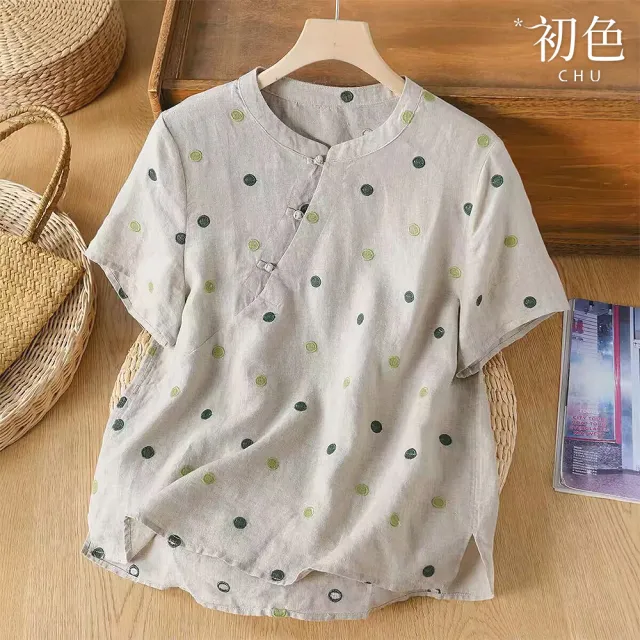 【初色】新中式印花寬鬆舒適斜襟盤扣圓領T恤短袖上衣女上衣-麻色-52771(M-2XL可選)