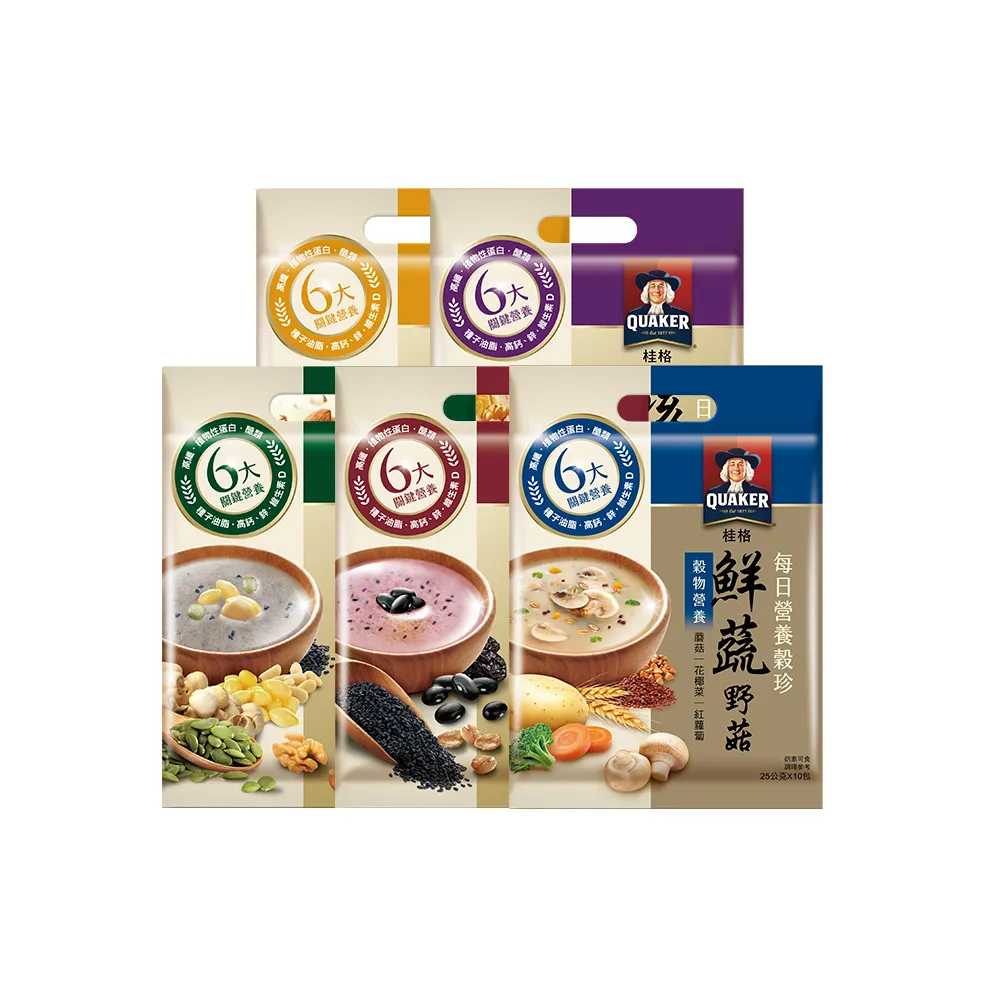 【QUAKER 桂格】每日營養穀珍麥片口味任選2袋(黑穀珍寶/核桃堅果-無糖/穀麥全餐-無糖/杏仁蓮子/鮮蔬野菇)