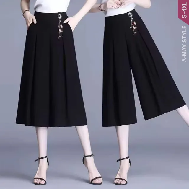 【Amay Style 艾美時尚】中大尺碼女裝 寬褲 褲裙 高腰顯瘦冰絲感垂墜七分休閒褲。S-4XL(黑.預購)