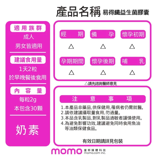 【葡萄王】易得纖益生菌膠囊30粒x4盒 共120粒(不易形成體脂肪 益生菌膠囊 萄王官方)