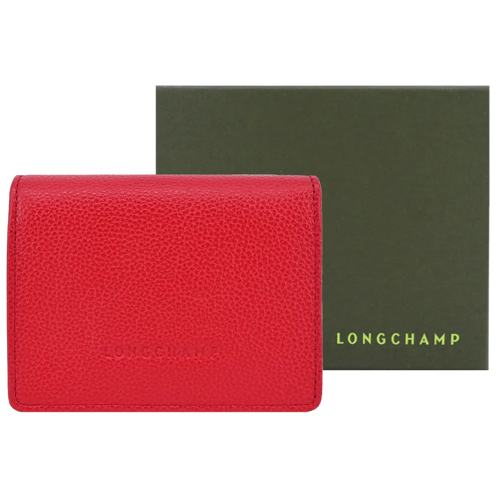 【LONGCHAMP】LE FOULONNE系列牛皮簡約三折壓釦短夾(愛心紅)