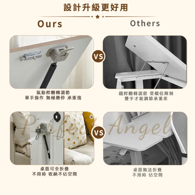 【Perfect angel】升級可折疊-雙桌面無段式氣壓升降桌/附輪/杯槽/站坐兩用（邊桌 電腦桌 書桌 工作桌）