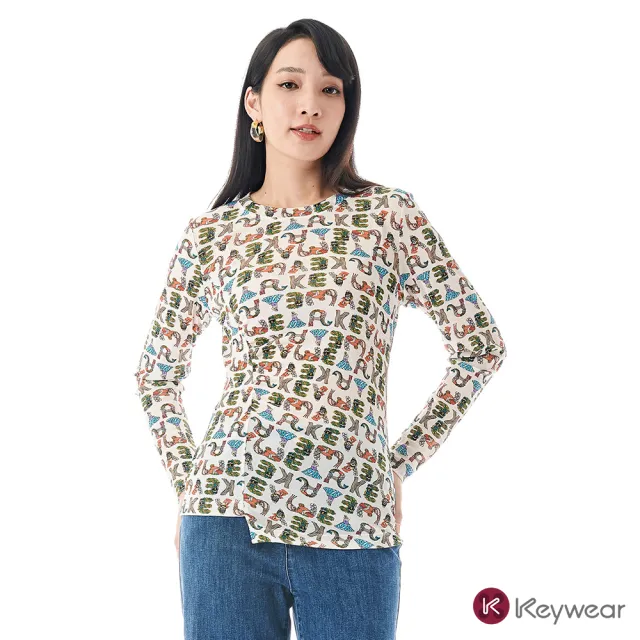 【KeyWear 奇威名品】圓領前斜收褶不規則長袖上衣(共2色)
