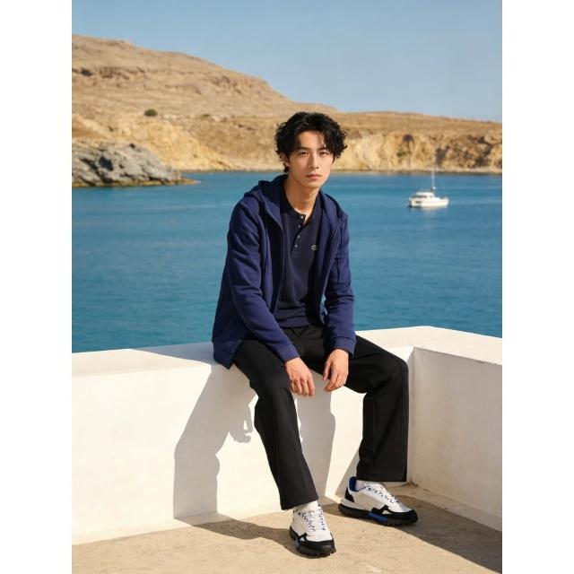 【LACOSTE】男裝-華夫格亨利領長袖T恤(海軍藍)