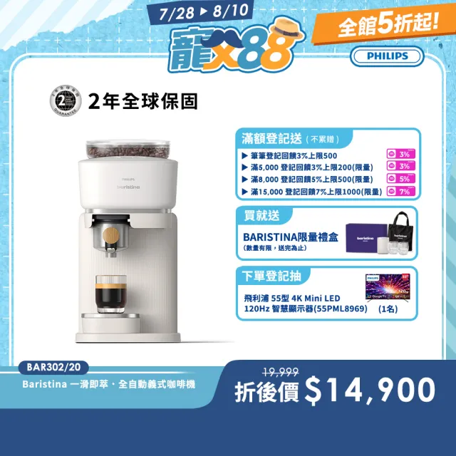 【Philips 飛利浦】Baristina 一滑即萃．義式咖啡機（BAR302/20）