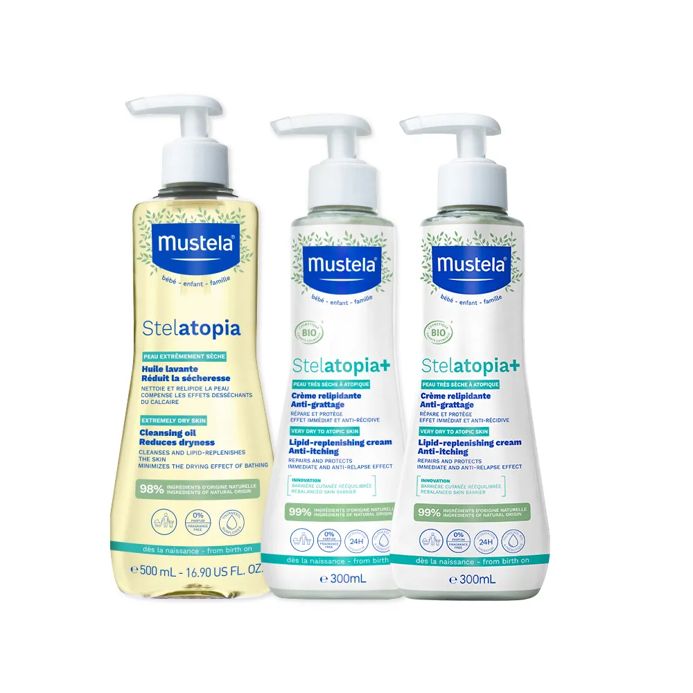 【Mustela 慕之恬廊】舒恬良 乾癢肌洗潤組(舒緩沐浴油500ml＋滋養益膚柔舒霜有機300mlX2 沐浴泡澡乳液)