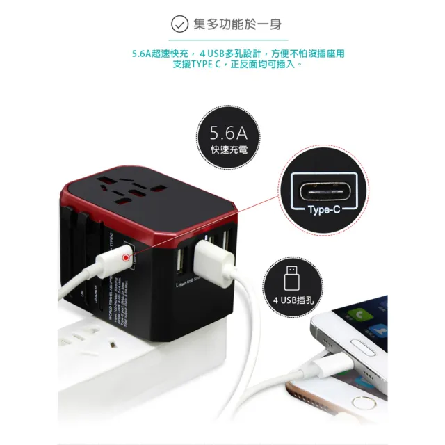 全球通用 旅行萬用轉接頭 5.6A 快充 4USB孔 TYPE-C (萬國轉接頭 電源轉接頭)