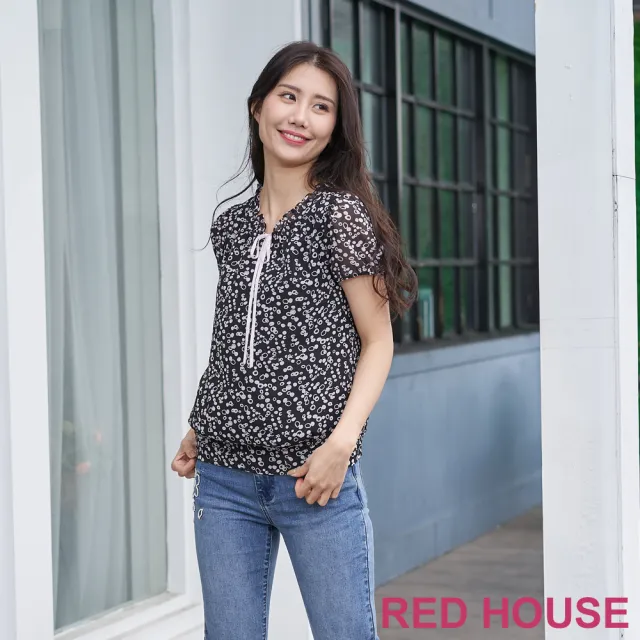 【RED HOUSE 蕾赫斯】甜美圓點印花荷葉領上衣(黑色)