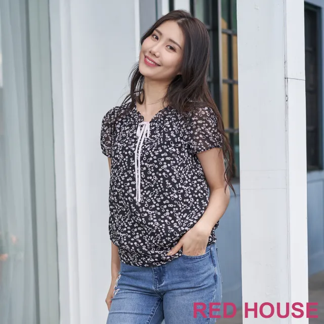 【RED HOUSE 蕾赫斯】甜美圓點印花荷葉領上衣(黑色)