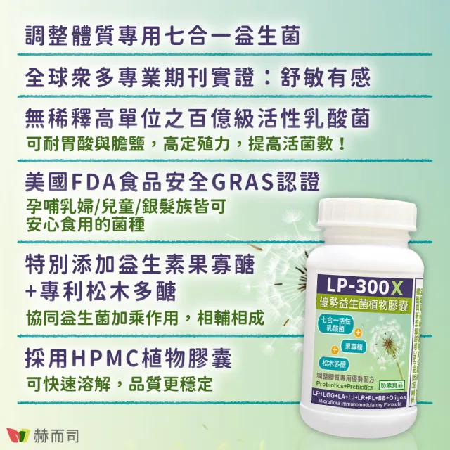 【赫而司】LP-300X優勢益生菌1罐(共60顆調整體質活性乳酸菌七益菌/兒童益生菌+益生素素食膠囊)