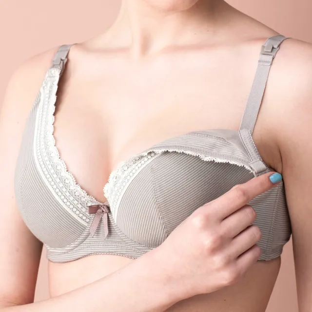 【Gennies 奇妮】哺乳內衣褲成套 咖啡紗軟鋼圈內衣 中腰內褲(孕婦內衣 上開扣 孕婦內褲 條紋灰 A37B35)
