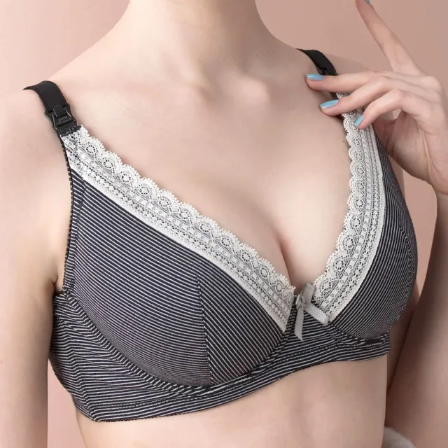 【Gennies 奇妮】哺乳內衣褲成套 咖啡紗軟鋼圈內衣 平口內褲(孕婦內衣 上開扣 孕婦內褲 條紋黑 A37B59)