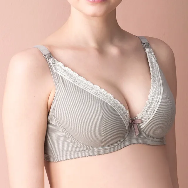 【Gennies 奇妮】哺乳內衣 咖啡紗軟鋼圈內衣 深V(條紋灰)
