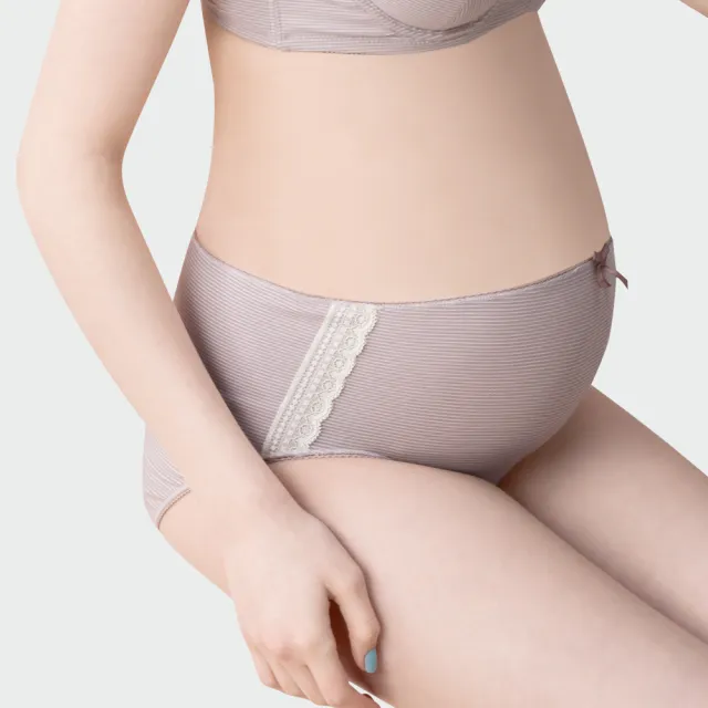 【Gennies 奇妮】哺乳內衣褲成套 咖啡紗軟鋼圈內衣 中腰內褲(孕婦內衣 上開扣 孕婦內褲 條紋粉 A37B35)
