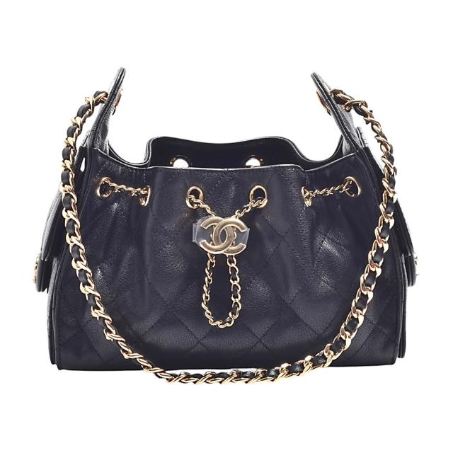 【CHANEL 香奈兒】經典CHANEL 25 Mini系列雙C LOGO菱格紋牛皮肩背包(黑色)
