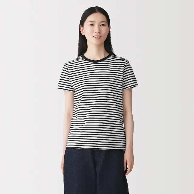 【MUJI 無印良品】女天竺圓領短袖T恤(白色/黑色/磚紅/淺黃/薰衣草紫/黑橫紋/黑紋樣/粉紅紋樣/灰棕紋樣)