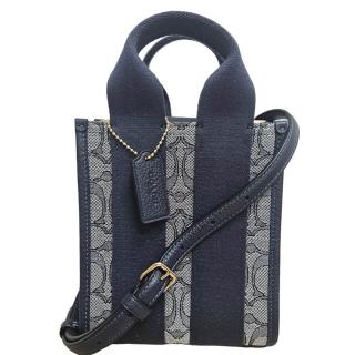 【COACH】Smith Mini Tote 緹花布拼皮革手提/斜背二用包 迷你托特琴譜包緹花海軍藍/迷你款送禮原廠紙袋
