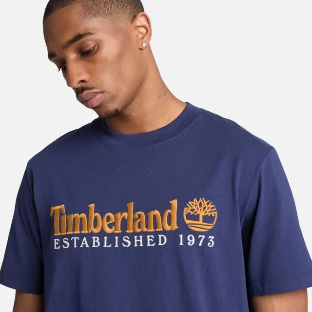 【Timberland】男款海軍藍刺繡LOGO短袖T恤(A5TUUAIH)