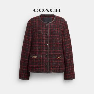 【COACH】蔻馳官方直營 立體C字飾件粗花呢外套-紅色/黑色(CDK59)