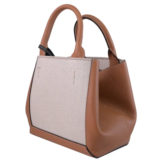【TOD’S】Double Up 經典撞色牛皮吊飾雙背帶肩背包托特包(米/咖)