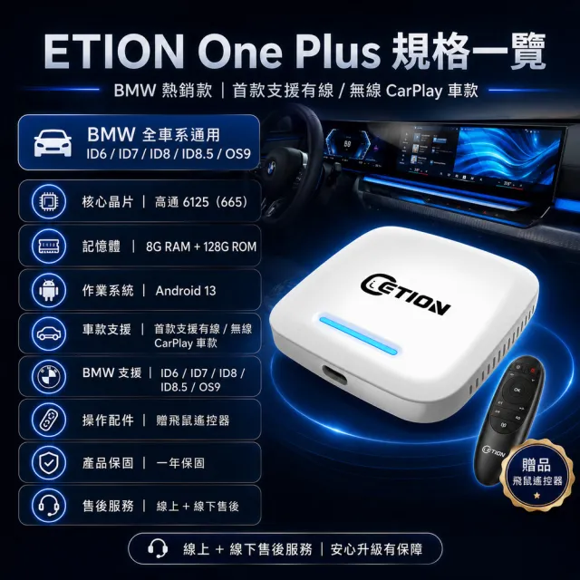 【ETION】ONE Plus BMW & Mini無線carplay車系專用安卓機 高通8+128 CarPlay Ai Box 多媒體影音盒 車機