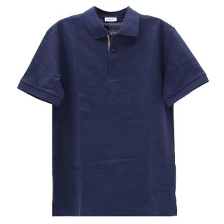 【BURBERRY 巴寶莉】經典素雅開襟格紋棉質短袖POLO衫(深藍)