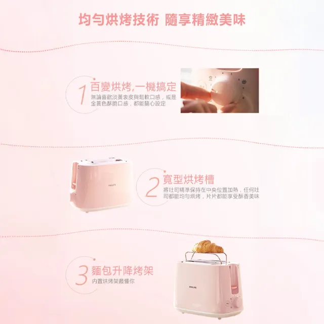 【Philips 飛利浦】電子式智慧型烤麵包機/瑰蜜粉_HD2584/52