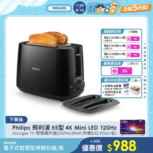 【Philips 飛利浦】電子式智慧型烤麵包機/黑_HD2582/92