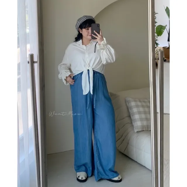 【Want-Meow】90公斤可穿/韓系細節控綁帶設計喇叭袖上衣大學T襯衫(大碼上衣/大碼/大尺碼/長袖襯衫)