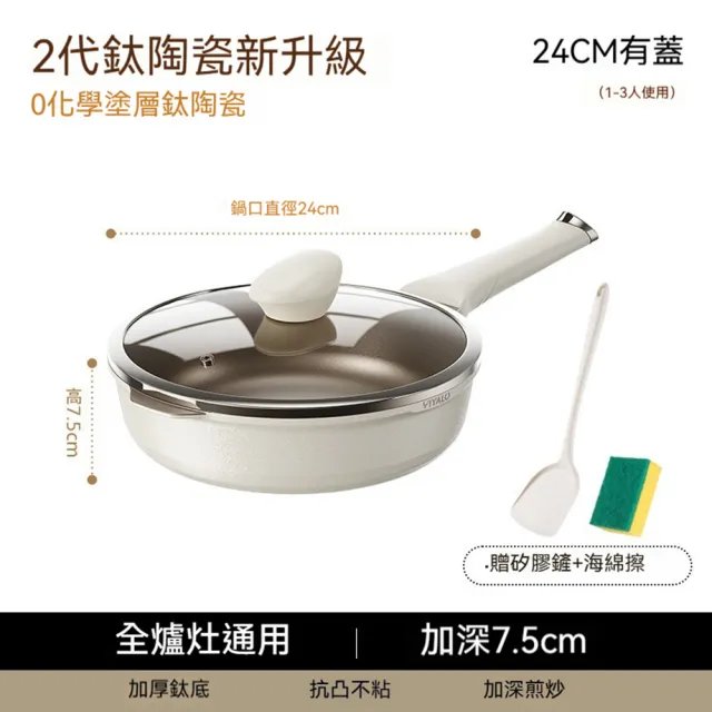 【Quality 聚家】平底鍋 炒菜鍋 裸鈦0塗層 24*8CM 1-2人使用 煎炒鍋 鋼化玻璃蓋 無塗層不粘鍋