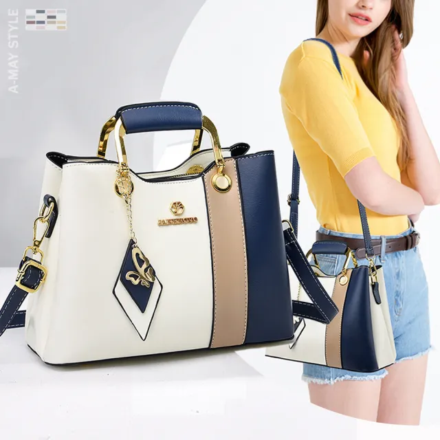 【Amay Style 艾美時尚】女包 斜背包 俐落撞色感蝴蝶墜飾手提側肩背包 (8色.預購)