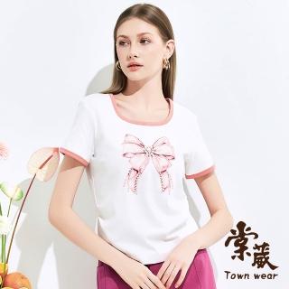 【TOWN’WEAR 棠葳】柔雅珍珠蝴蝶結印圖上衣(女上衣/女上著/短袖/拼接/休閒/t恤)
