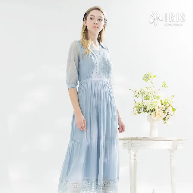 【IRIS 艾莉詩】典雅蕾絲拼接壓褶洋裝-2色(52604)