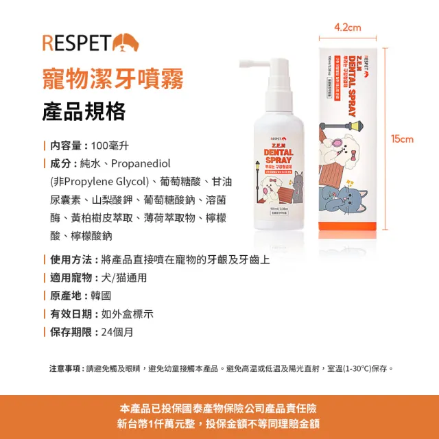 【RESPET】韓國原裝 寵物潔牙噴霧 美國綠色認證(100ml 貓狗通用 口腔護理 植物萃取物)