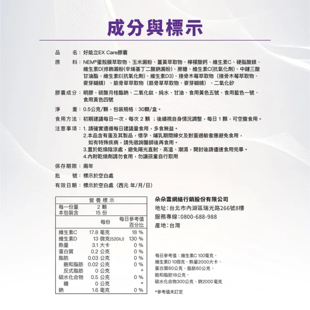 【好好聊日子】好能立EX Care 膠囊 3盒組(90粒/一天2粒 蛋殼膜500mg 足量添加 快27倍)父親節禮物