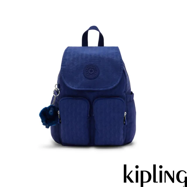 【KIPLING】『猴子包』深藍紋理掀蓋多袋收納後背包-CITY POCKET MINI 女包