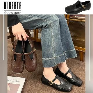 【Alberta】偏小 底厚1cm 內增高2cm 方頭復古黑英倫風T字平底瑪莉珍鞋