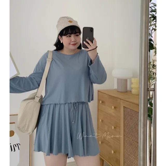 【Want-Meow】90公斤可穿/２件組兩件套裝長袖顯瘦螺紋捲邊上衣+褲裙套裝(大碼上衣/大碼/大尺碼/套裝)