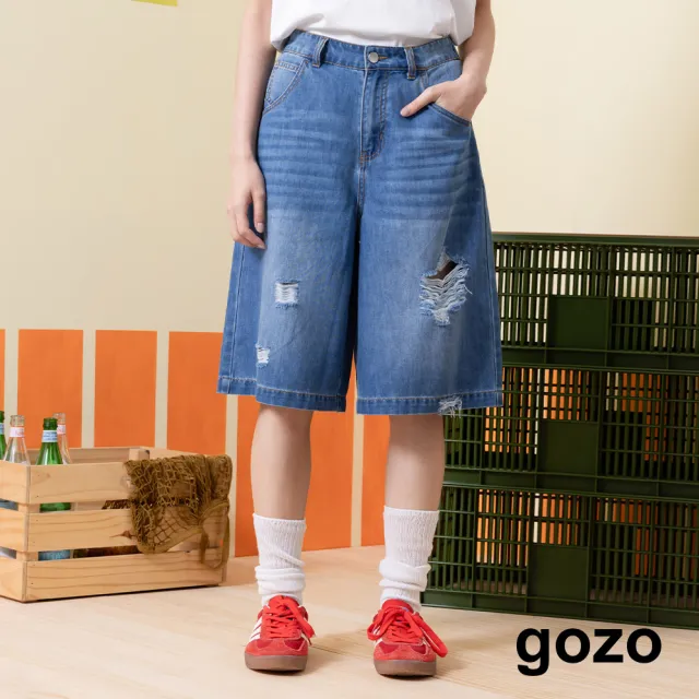 【gozo】咖啡紗抑菌抓破感牛仔五分褲(藍色/深藍)