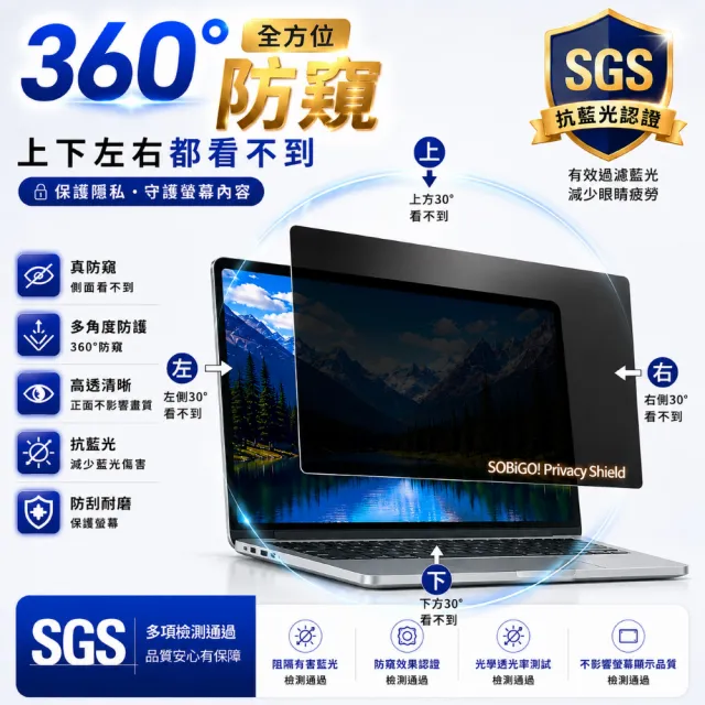 【SOBiGO】16吋 360度抗藍光防窺片(四向防窺) 台灣SGS