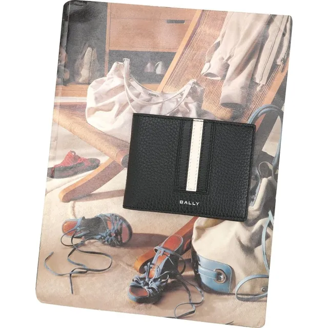 【BALLY】Ribbon Pennant 品牌圖騰x條紋牛皮對折短夾(多款可選)(錢包 皮夾)