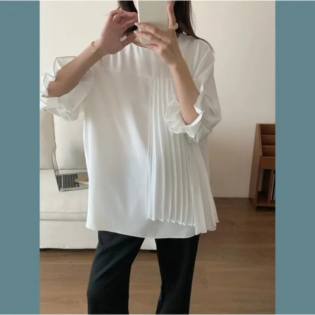 【Want-Meow】90公斤可穿/設計款不對稱百褶拼接雪紡垂墜感長袖上衣大學T(大碼上衣/大碼/大尺碼/長袖上衣)